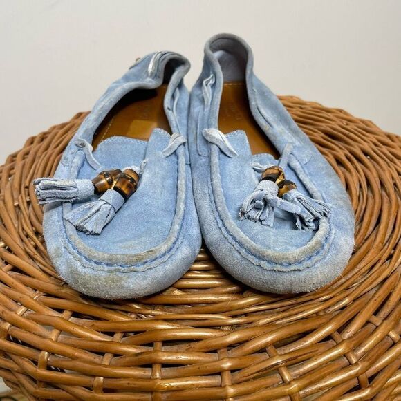 Gucci Moccasin Suede Driver Loafer Flats Slip On Light Blue Bamboo Tassel 7‎ - Picture 4 of 9